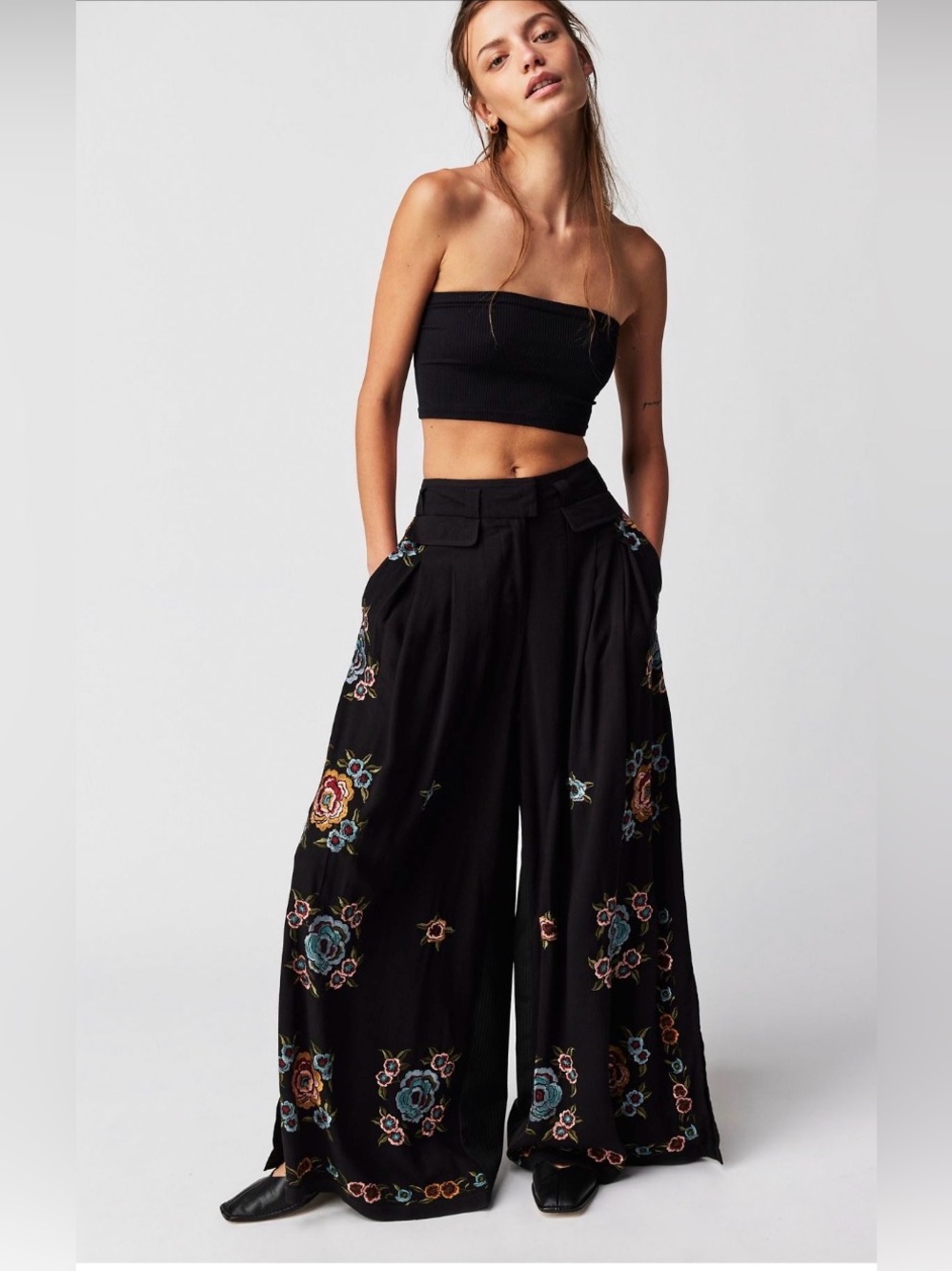 Free People Florence Embroidered Wide Leg Pants